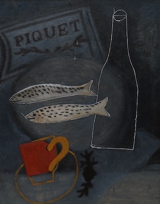 A decorative oil on board, Still life of vessels and fish, 49 x 39cm. Condition - good